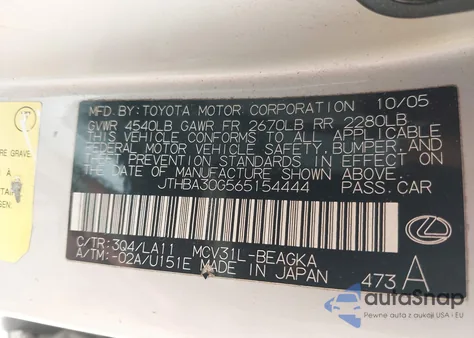 2006 Lexus Es 330 from USA, damaged, VIN JTHBA30G565154444